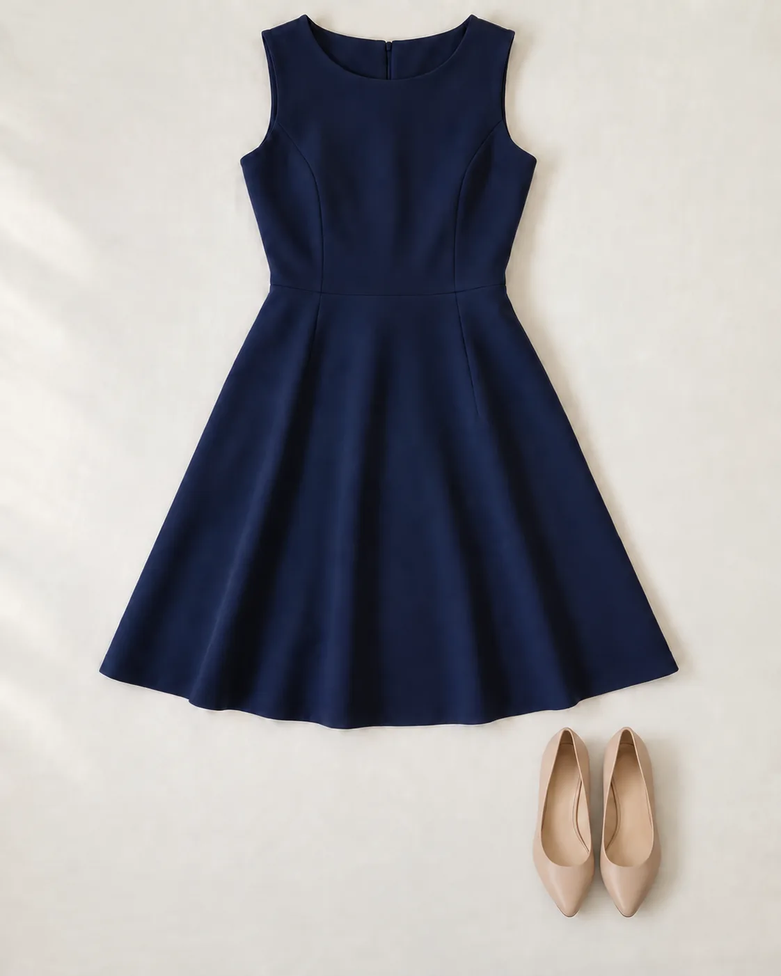 Illustration: a navy dress laid flat with nude pumps beside the hem.