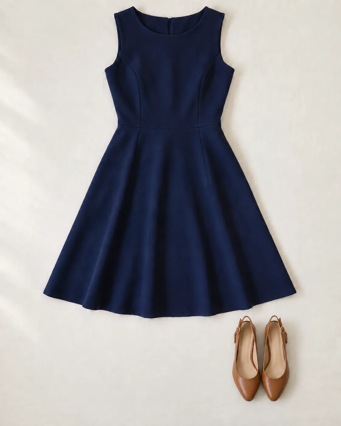 Illustration: a navy dress laid flat with cognac block-heel slingbacks.