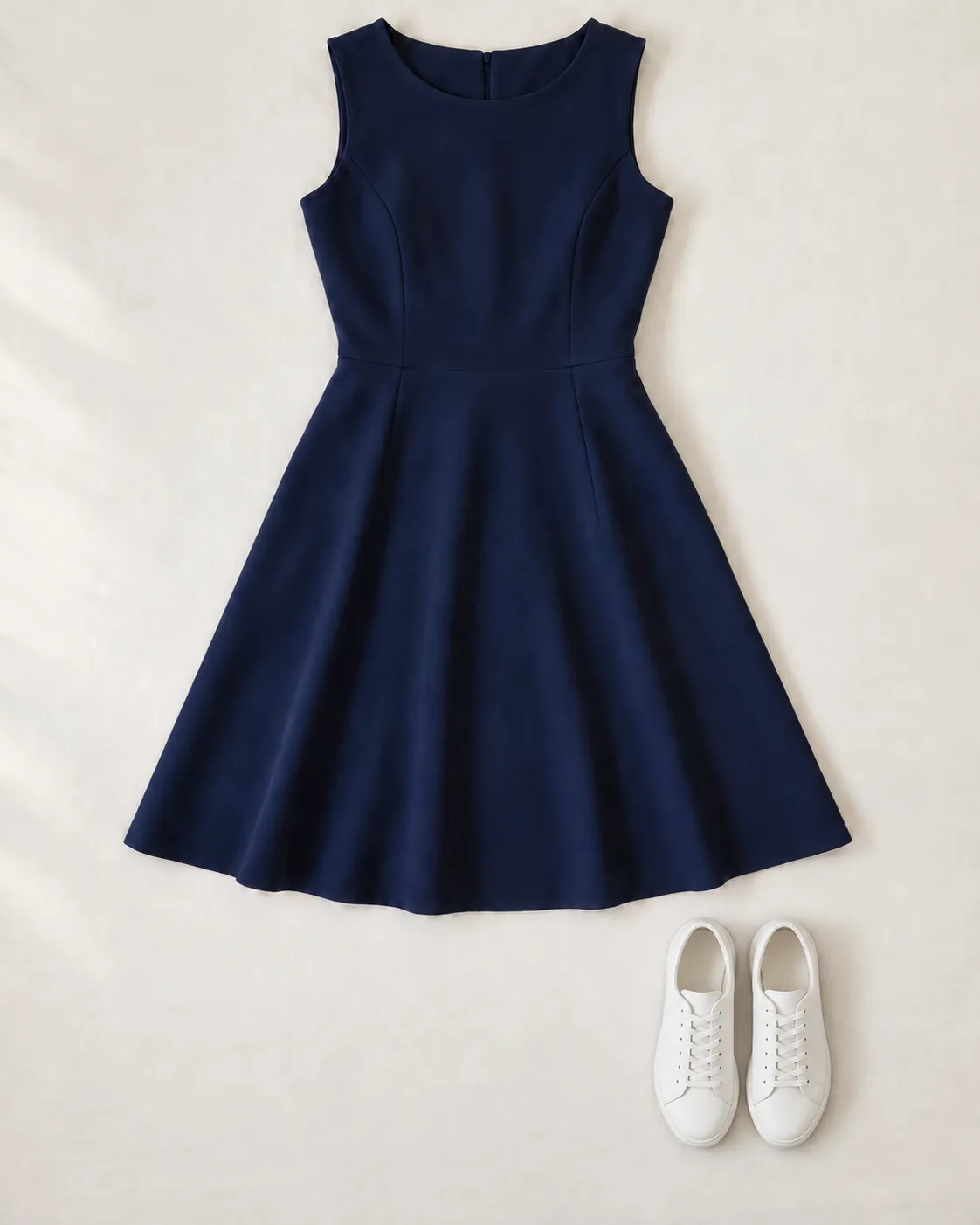 Illustration: a navy dress laid flat with unbranded white sneakers.